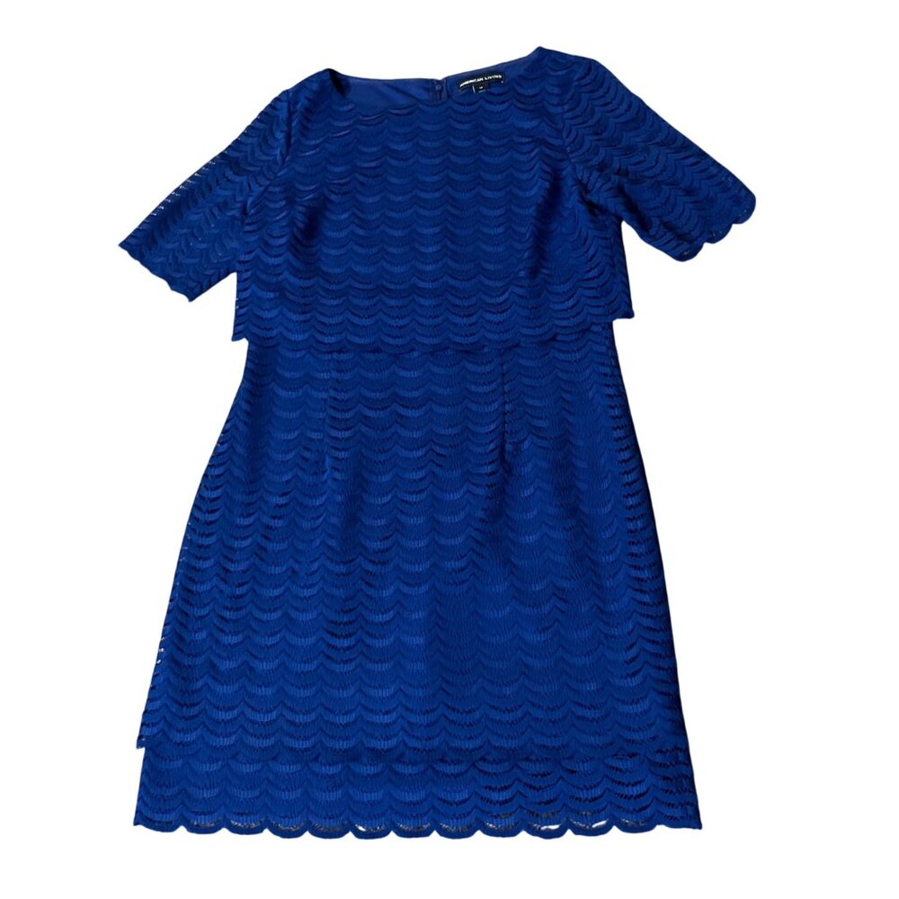 American Living Blue Lace Overlay Dress Women’s 14 Used Lined Short Sleeve - Picture 3 of 14